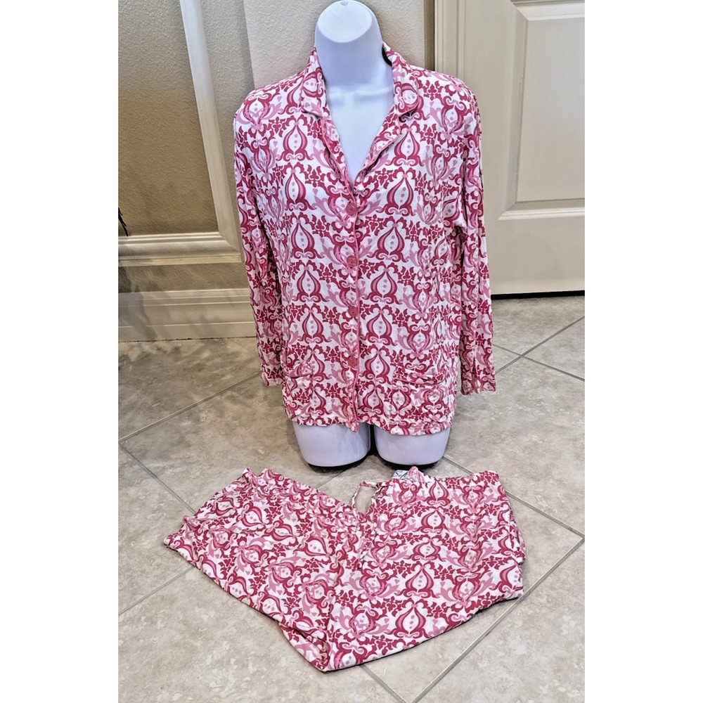 b Soft Bamboo Pajama Set Sz M Pink Paisley Loungewear Tie Waist Pockets Comfort